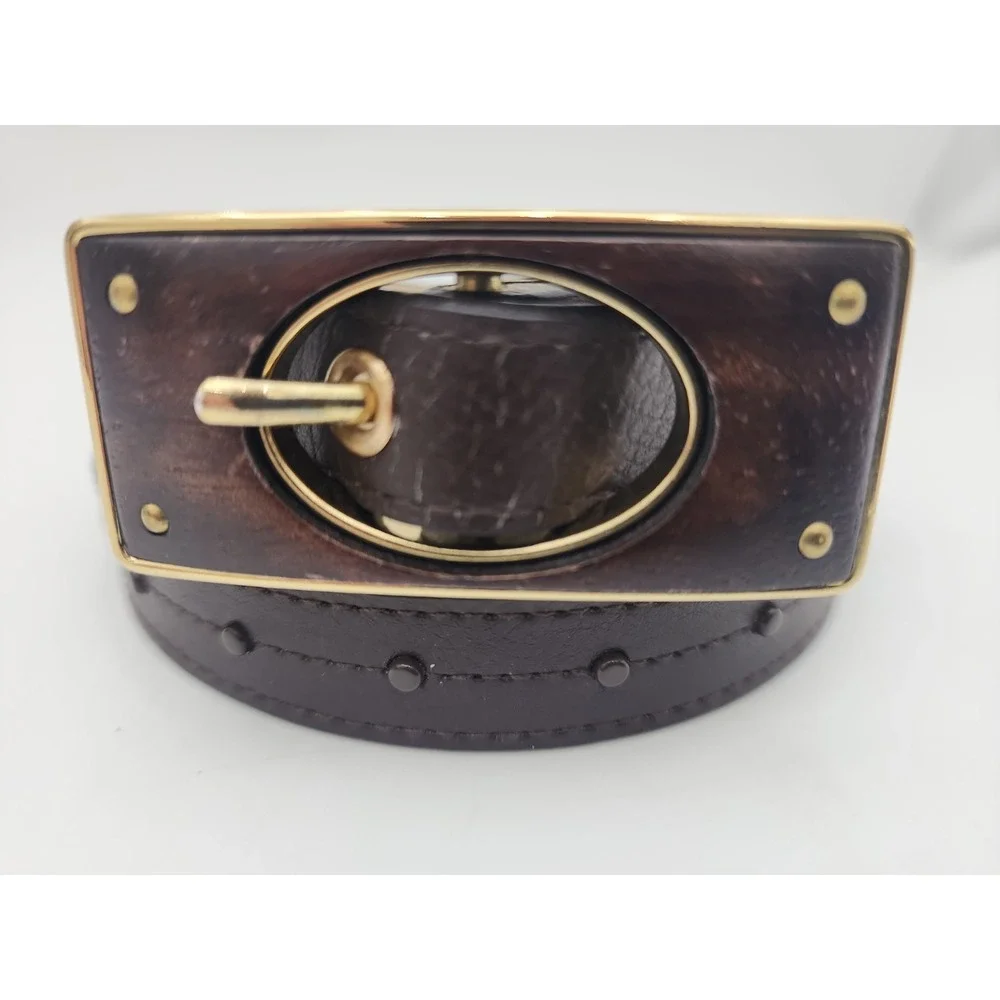 Vintage Chico's Skinny Belt Wood & Brass Rectangle Statement Buckle 35